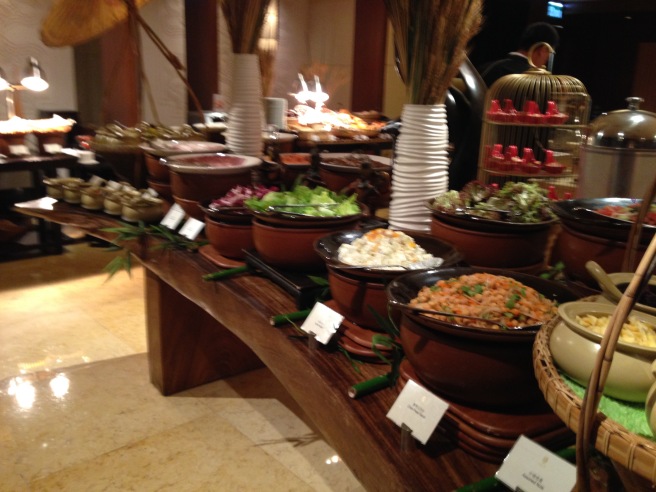 a buffet table full of food