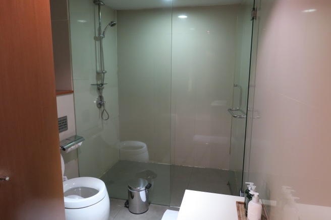 a bathroom with a glass shower