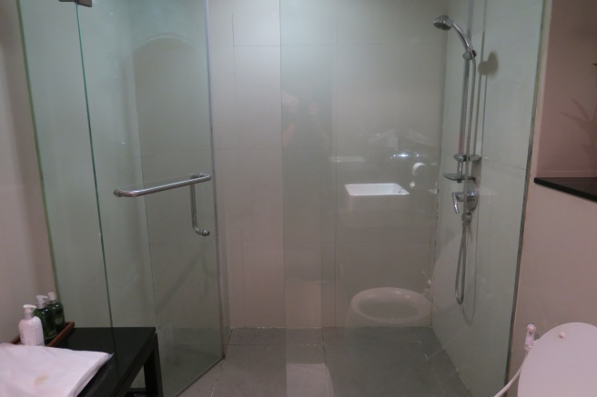 a shower with a glass door