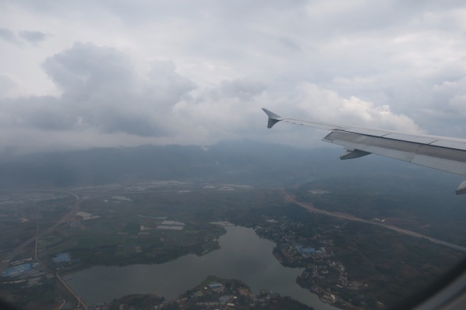 an airplane wing and land and water