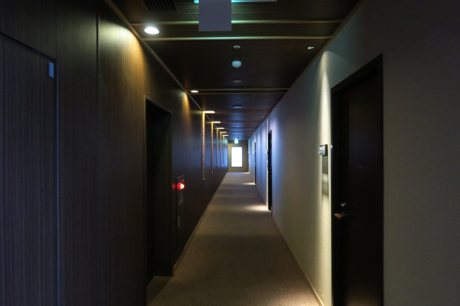 a long hallway with lights on