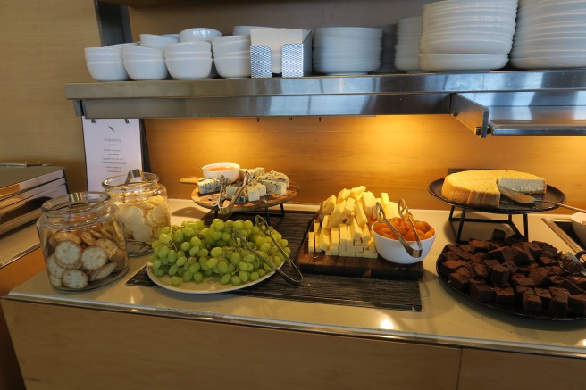 a buffet table with food on it