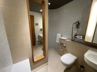 a bathroom with a mirror and toilet