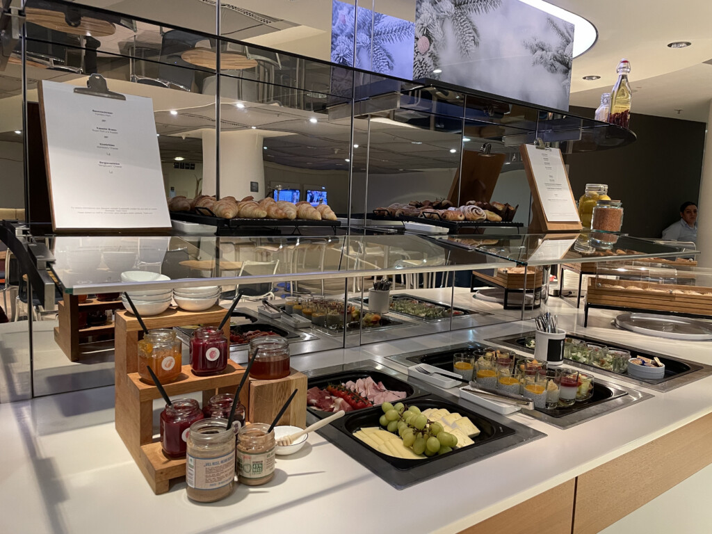 a buffet with food on the counter