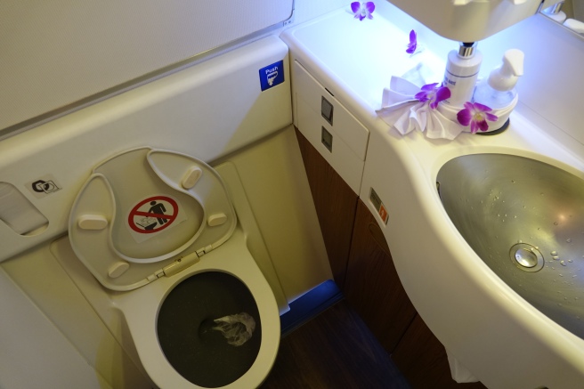 a toilet with a sink and a flower on the counter