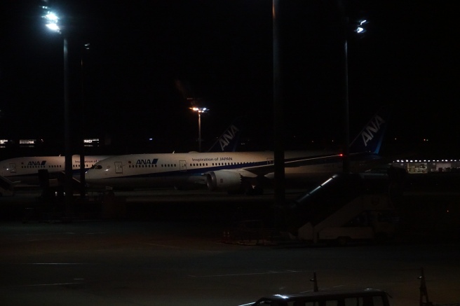 an airplane at night with lights