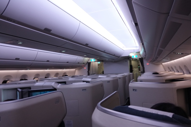 an airplane with seats and lights