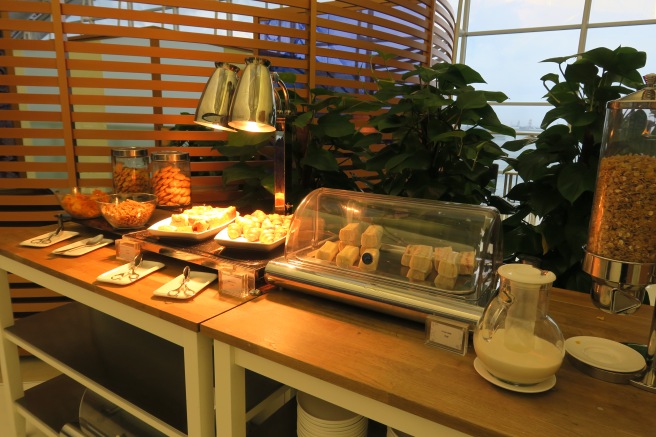 a buffet table with food on it