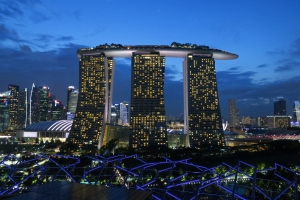 a city skyline with tall buildings