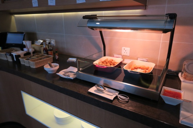 food in a buffet with a light