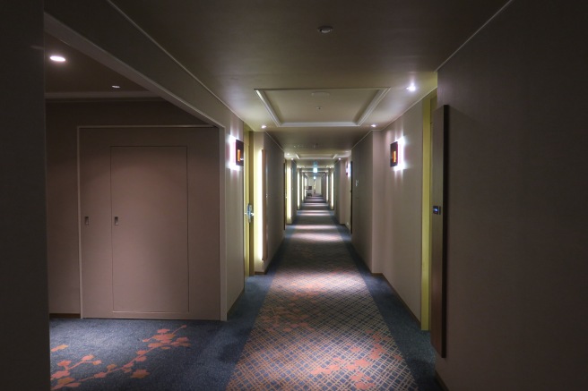 a long hallway with doors and lights