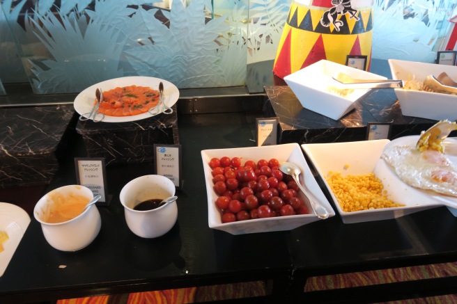 a buffet table with different food items