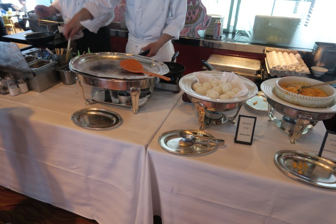 a buffet table with food on it