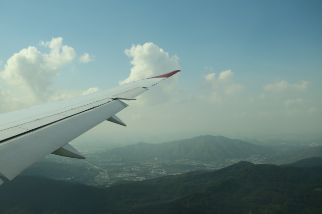 an airplane wing in the air