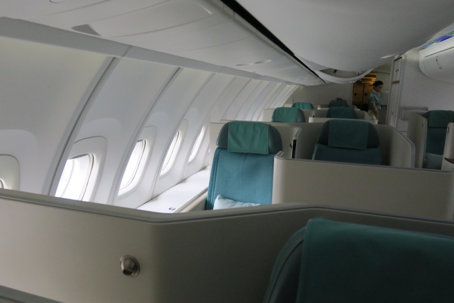 an airplane with blue seats