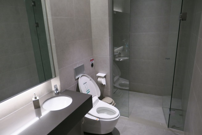 a bathroom with a shower and toilet