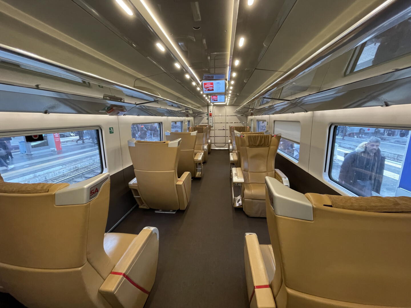 a train with seats and windows