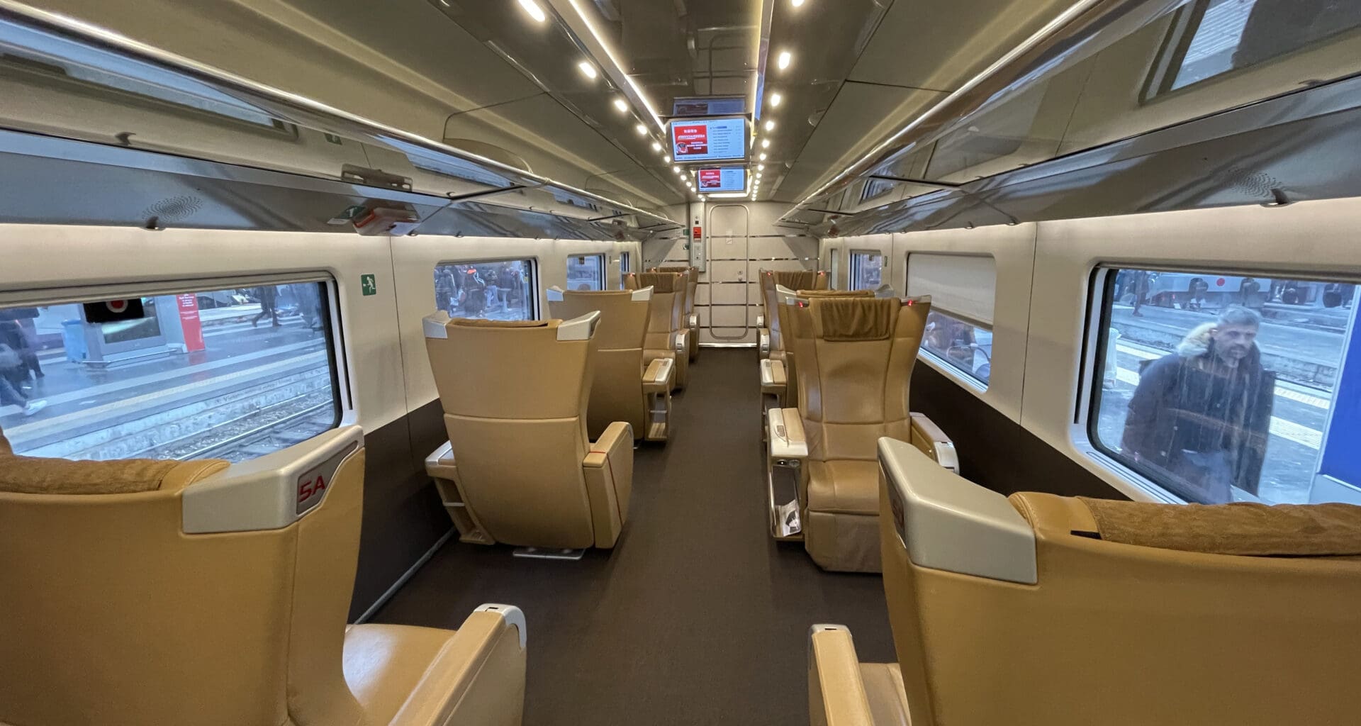 a train with seats and windows