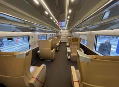 a train with seats and windows