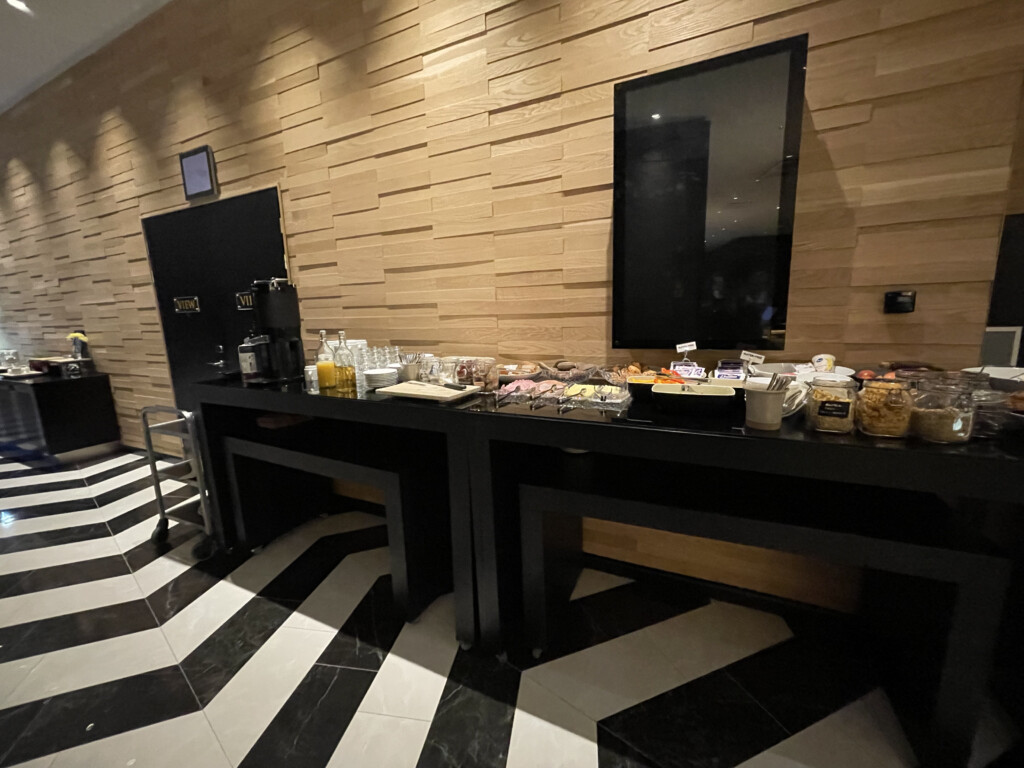 a buffet table with food on it