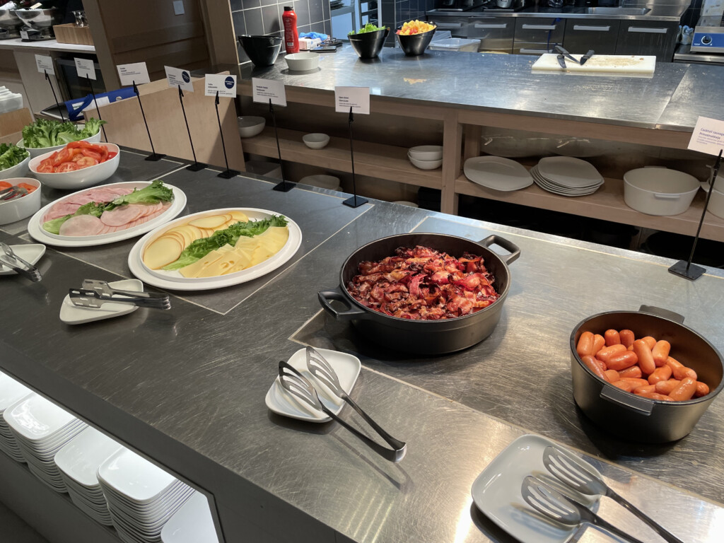 a buffet table with food on it