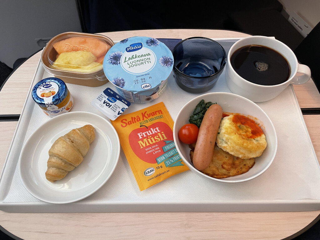 a tray with food and drinks on it