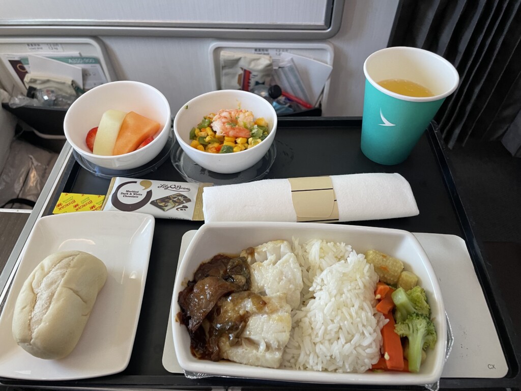 a tray of food on a plane