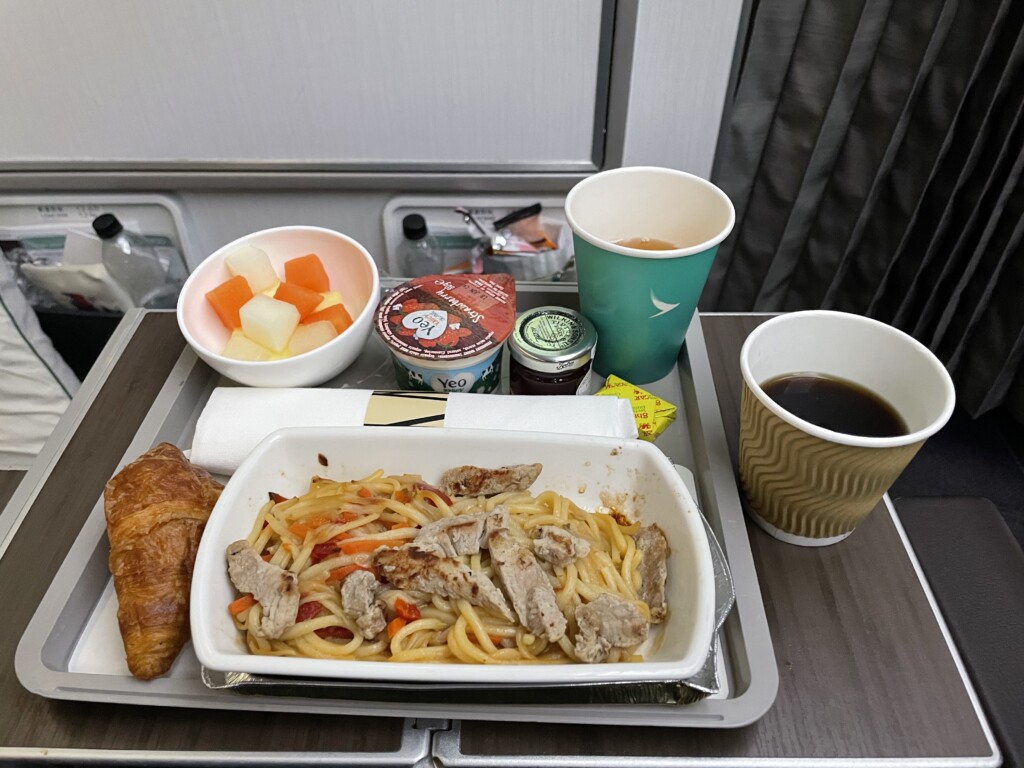 a tray of food and drinks on a table