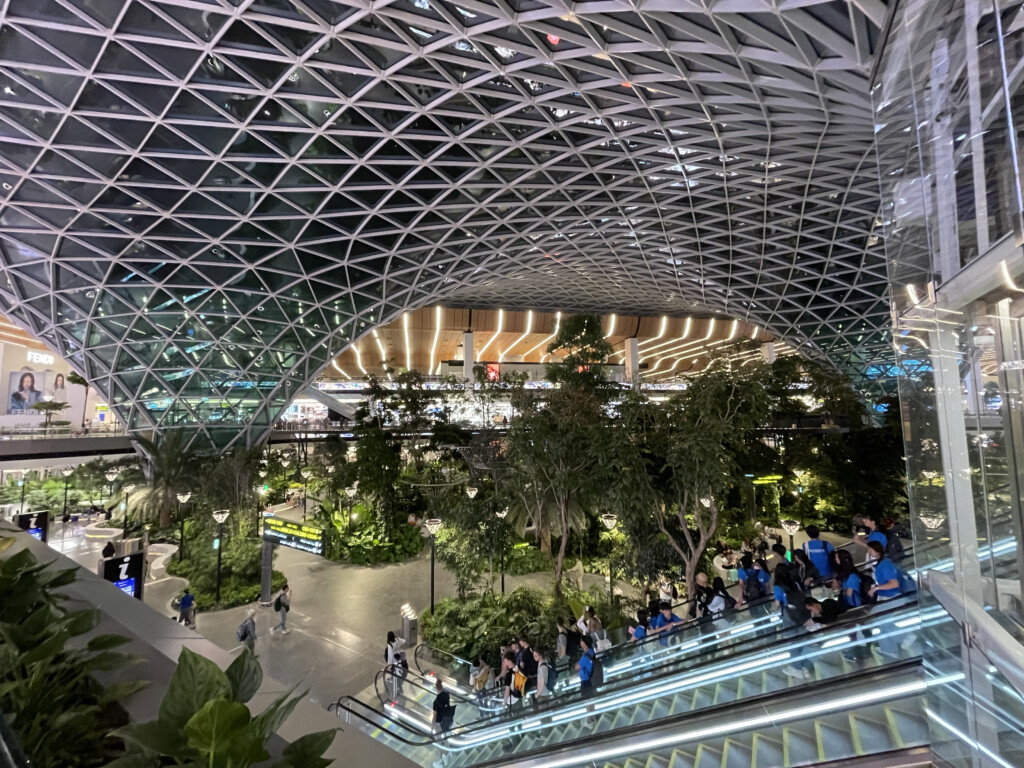 a group of people on escalators in a building