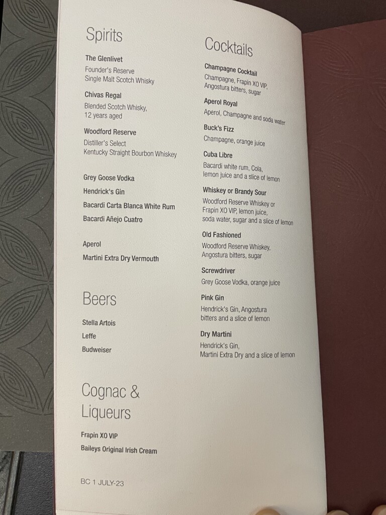 a menu with black text