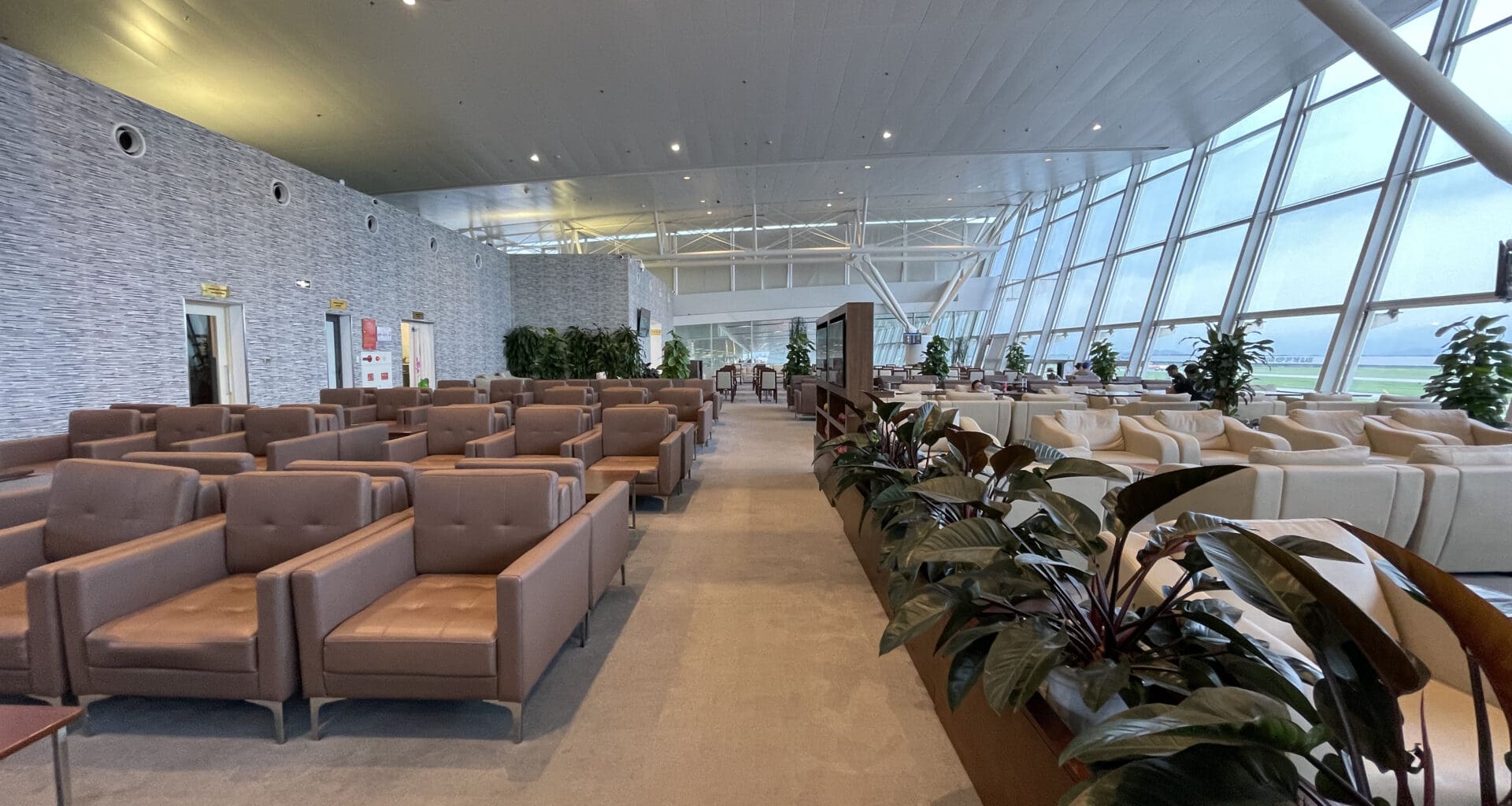 a room with chairs and plants