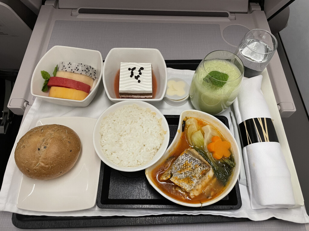 a tray of food on a plane