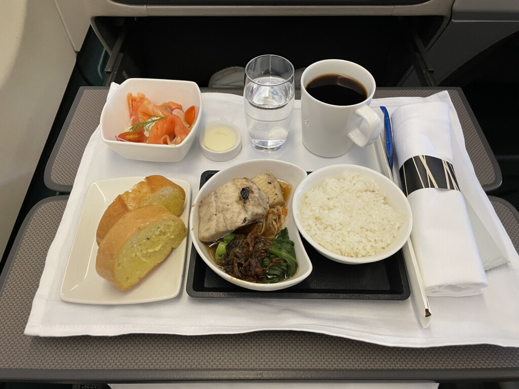 a tray with food and drinks on it