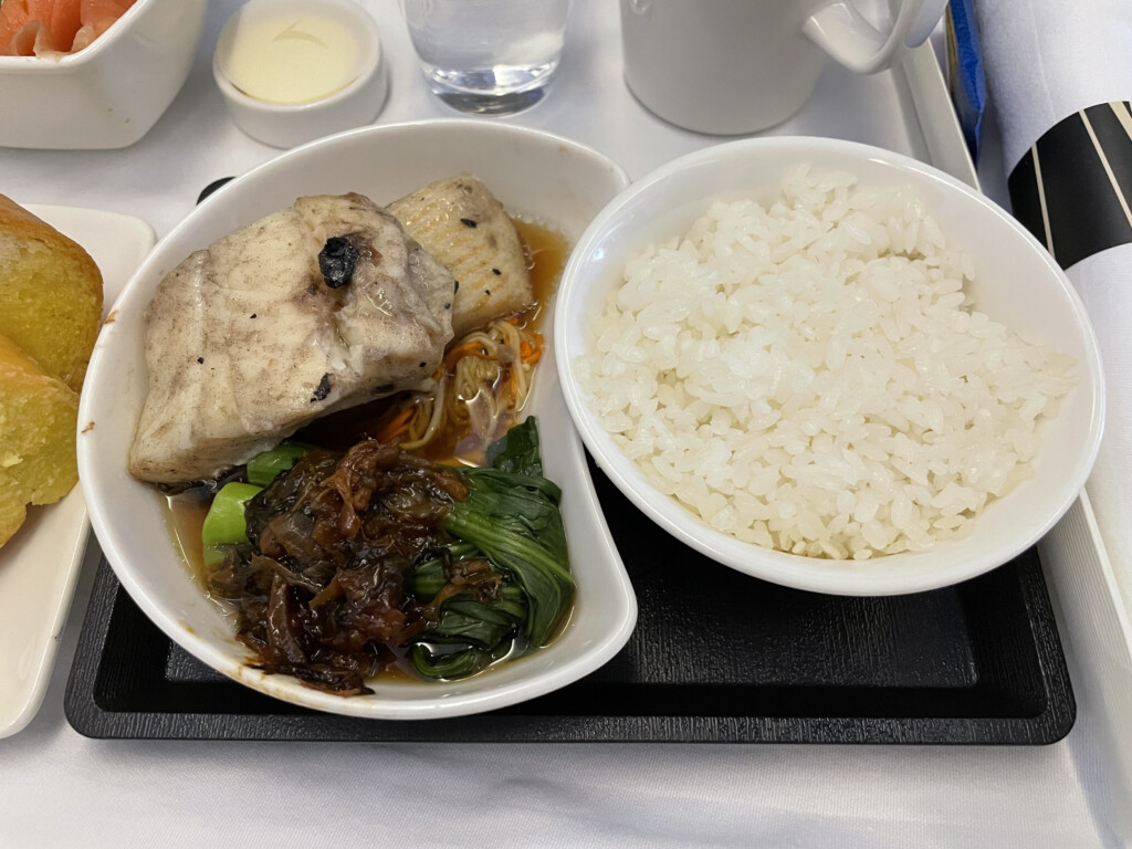 a plate of food on a tray