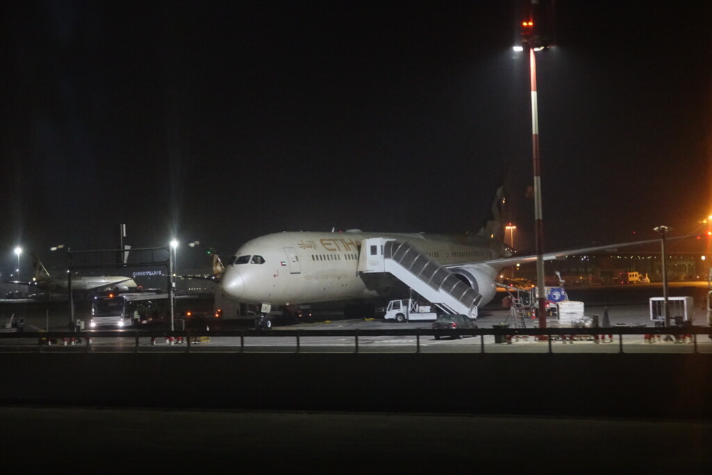 an airplane at night