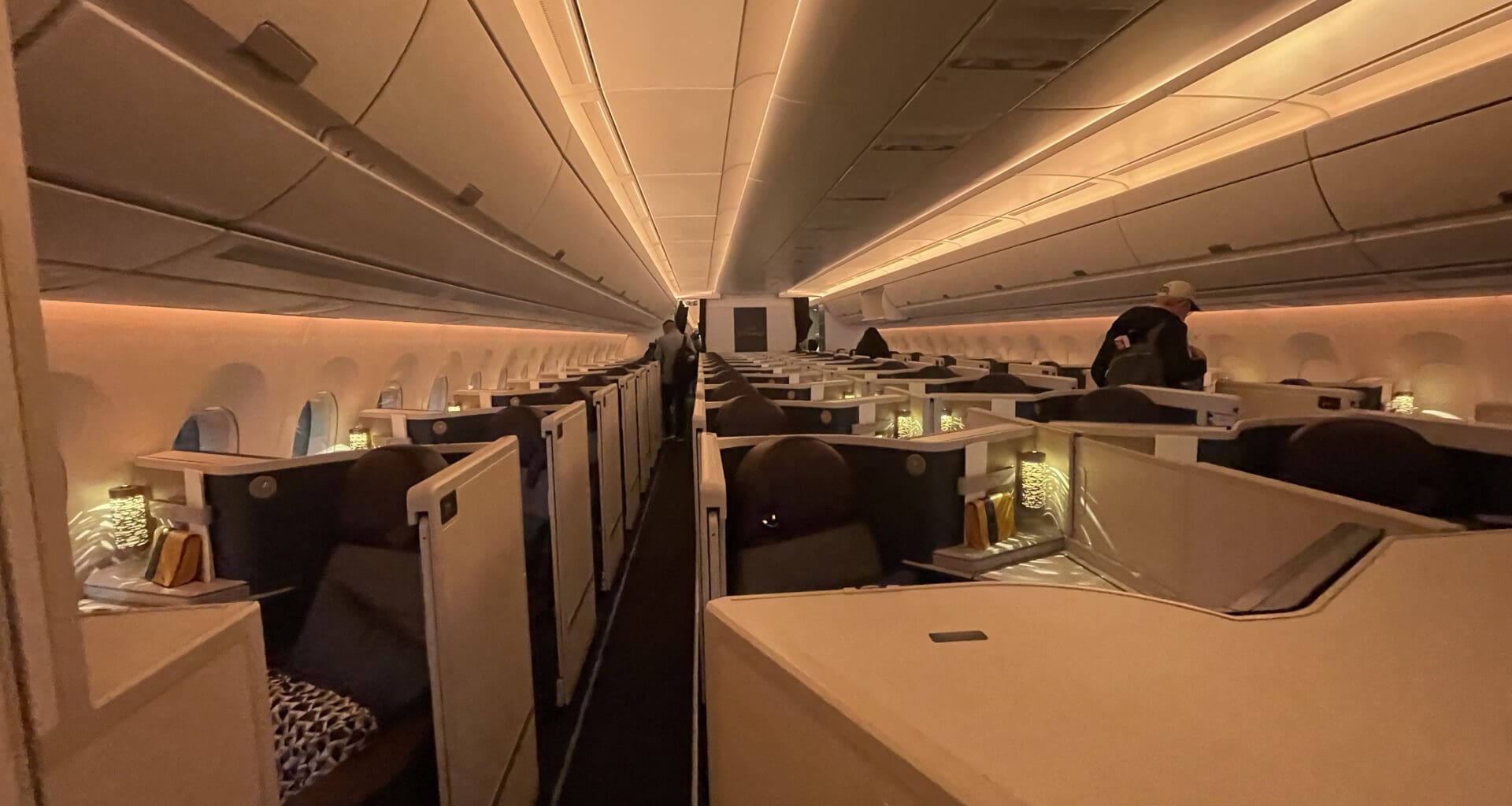 an airplane with seats and tables