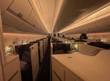 an airplane with seats and tables