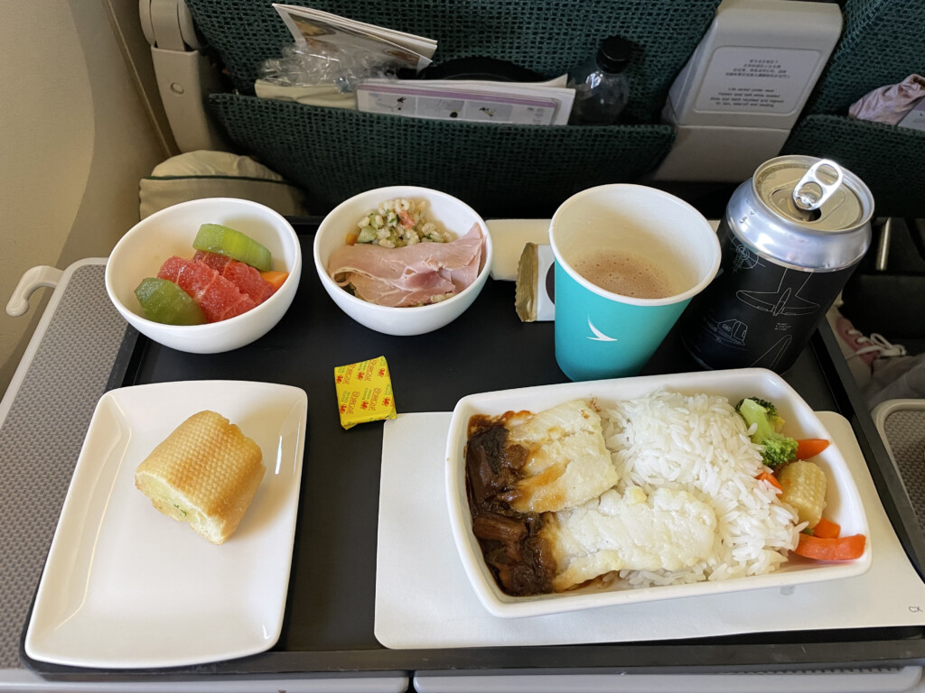 a tray of food on a plane