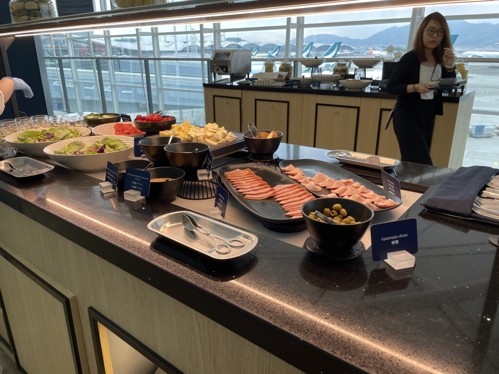 a buffet table with food on it