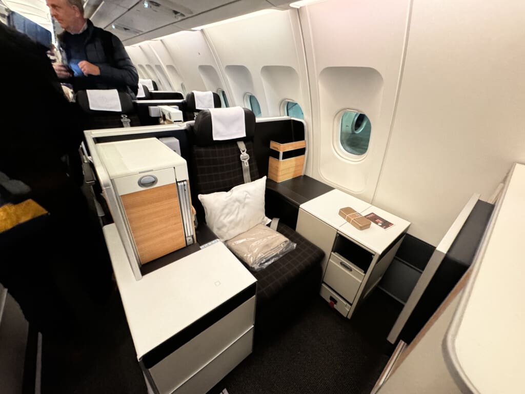 a man standing in a chair on an airplane