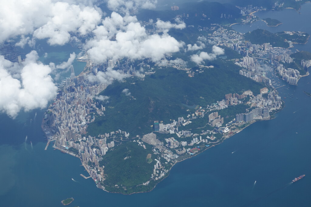 aerial view of a city and water