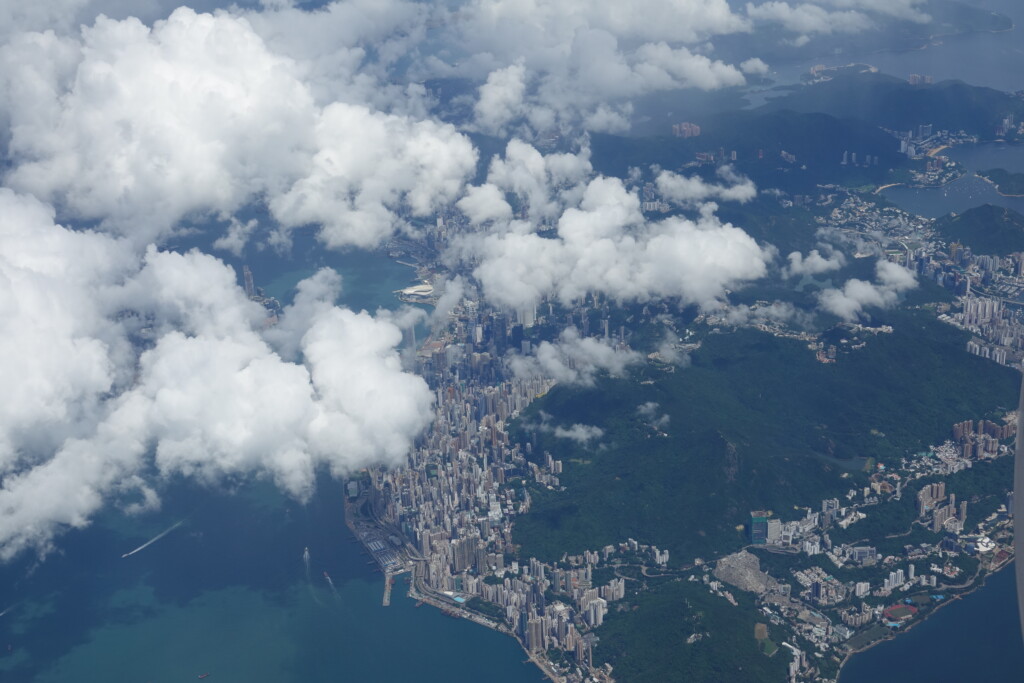 aerial view of a city and water