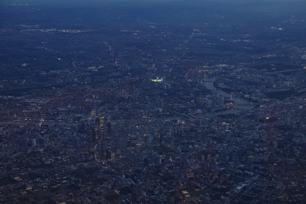 an aerial view of a city at night