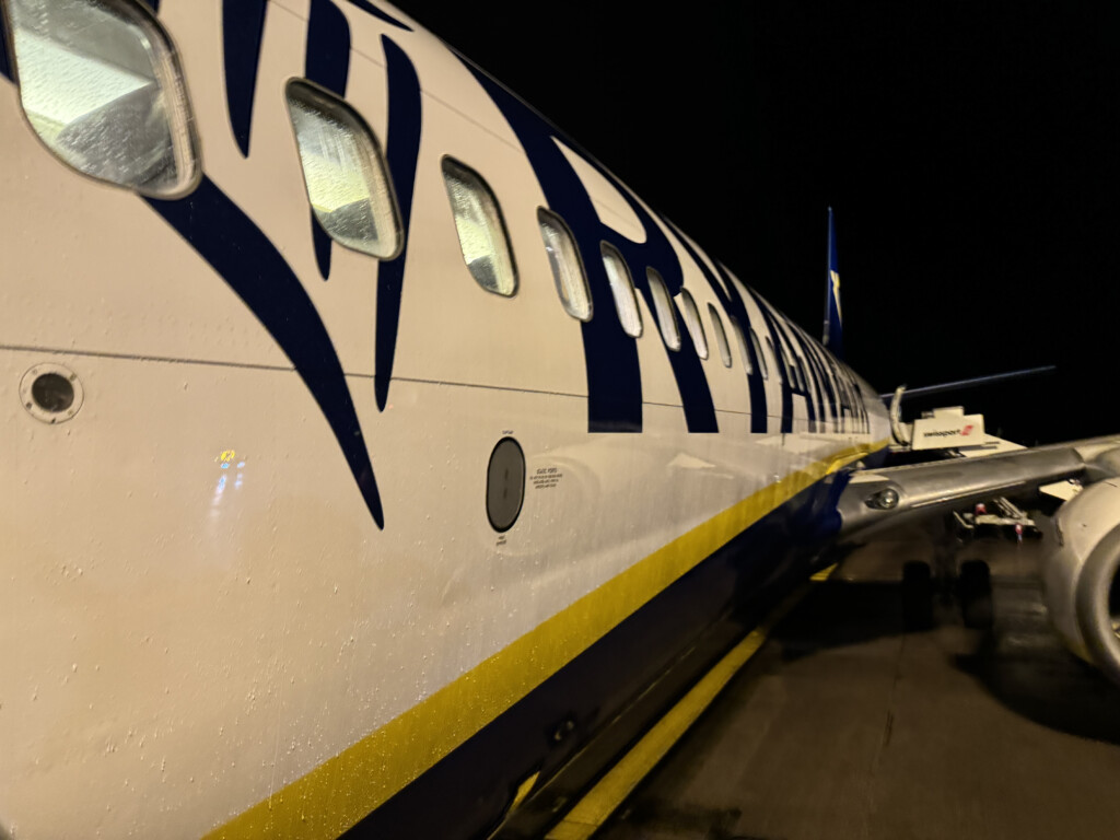 a plane with blue writing on it