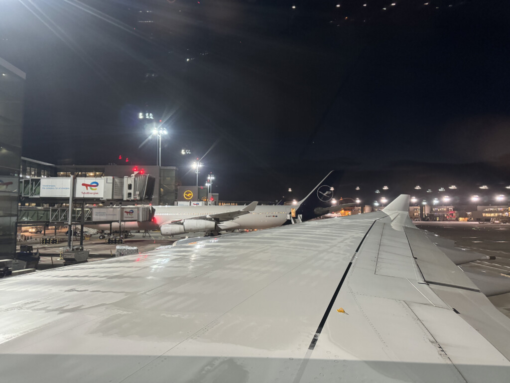 an airplane wing at night