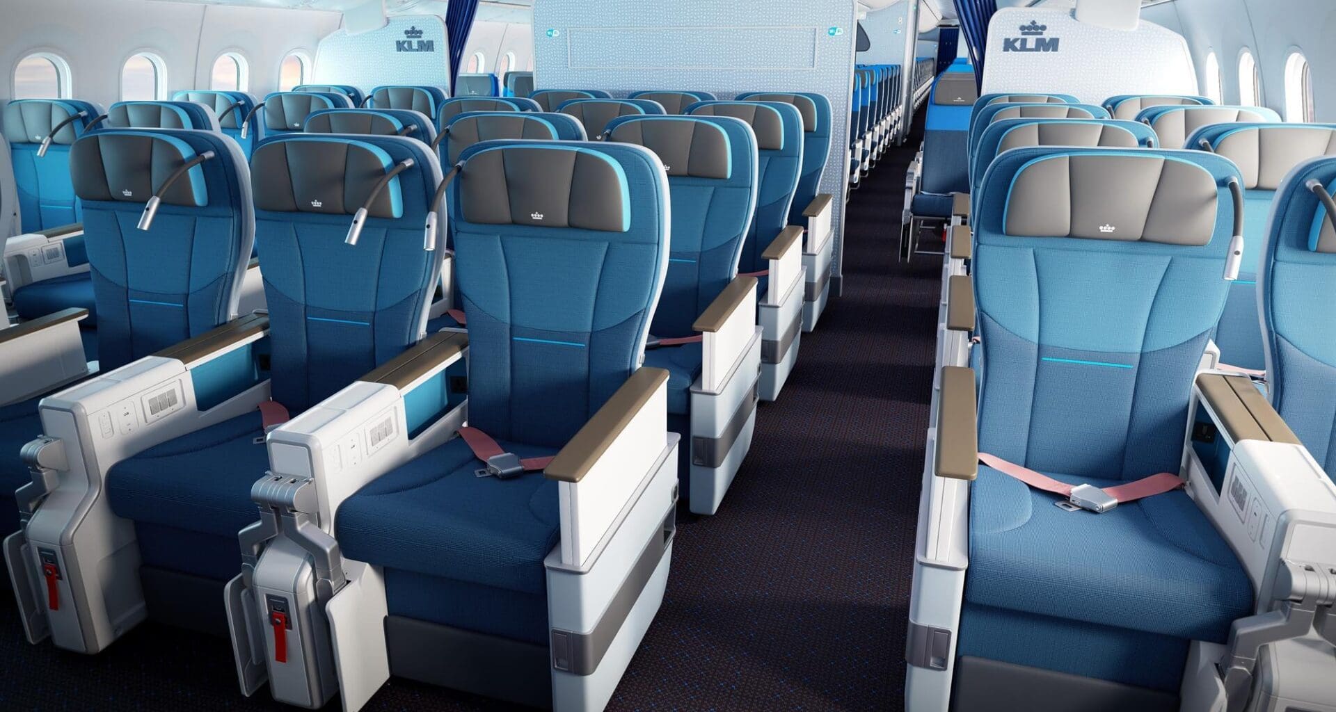a plane with blue seats
