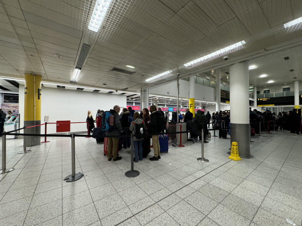 a group of people standing in a line