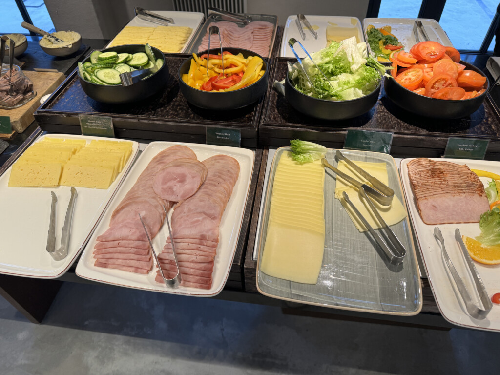 a buffet table with different types of food