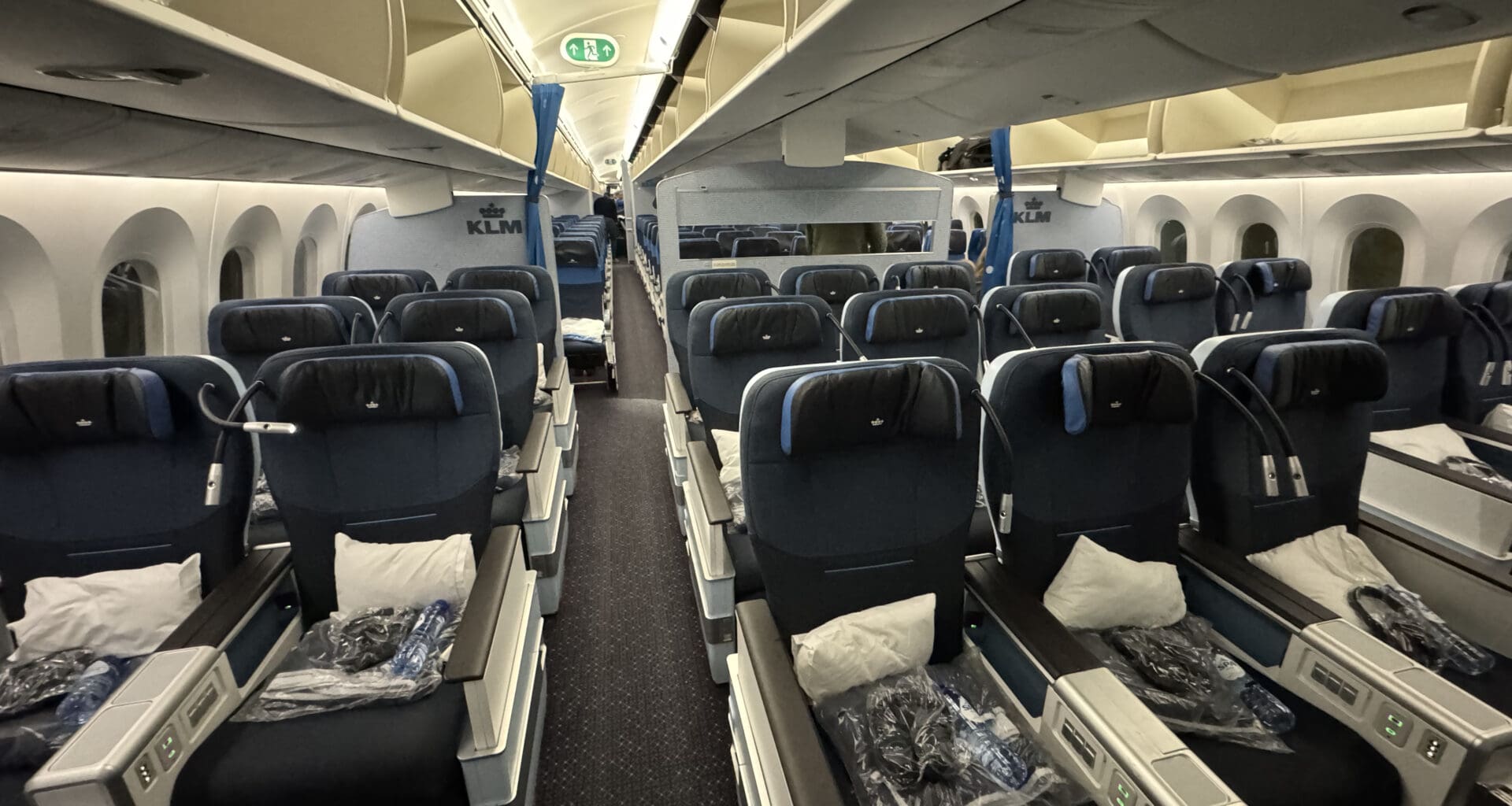 an airplane with seats and a sign