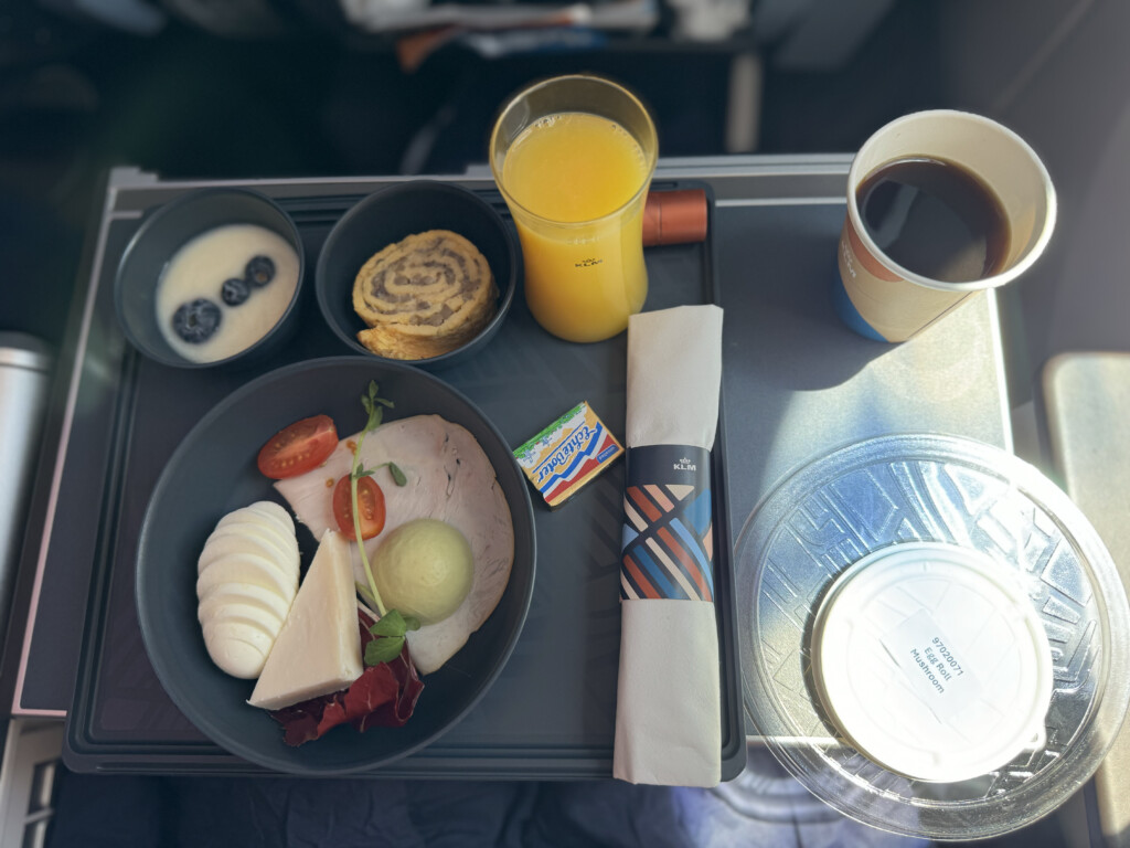 a tray with food and drinks on it